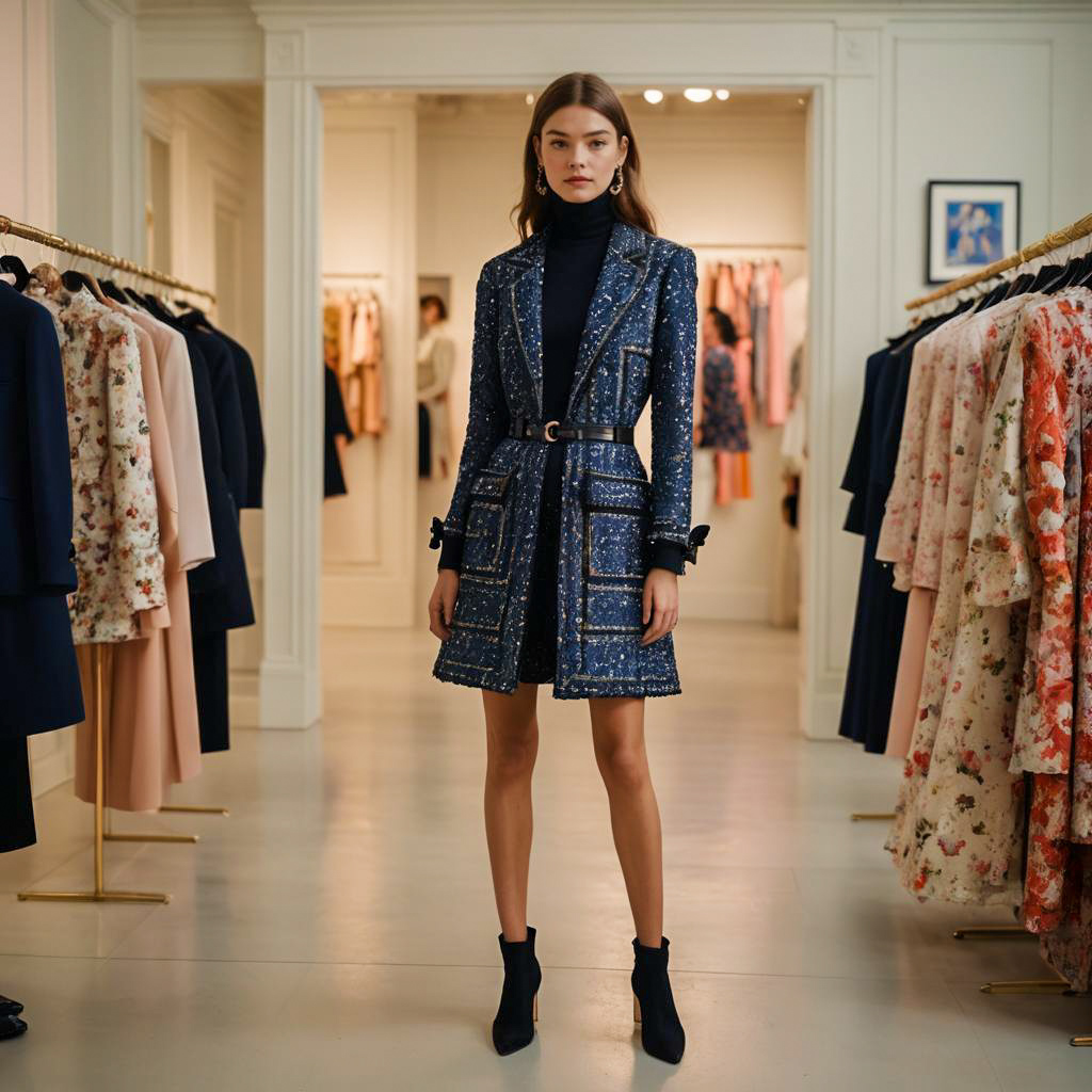 Elegant Woman in Navy Tweed Coat Dress at Fashion Boutique