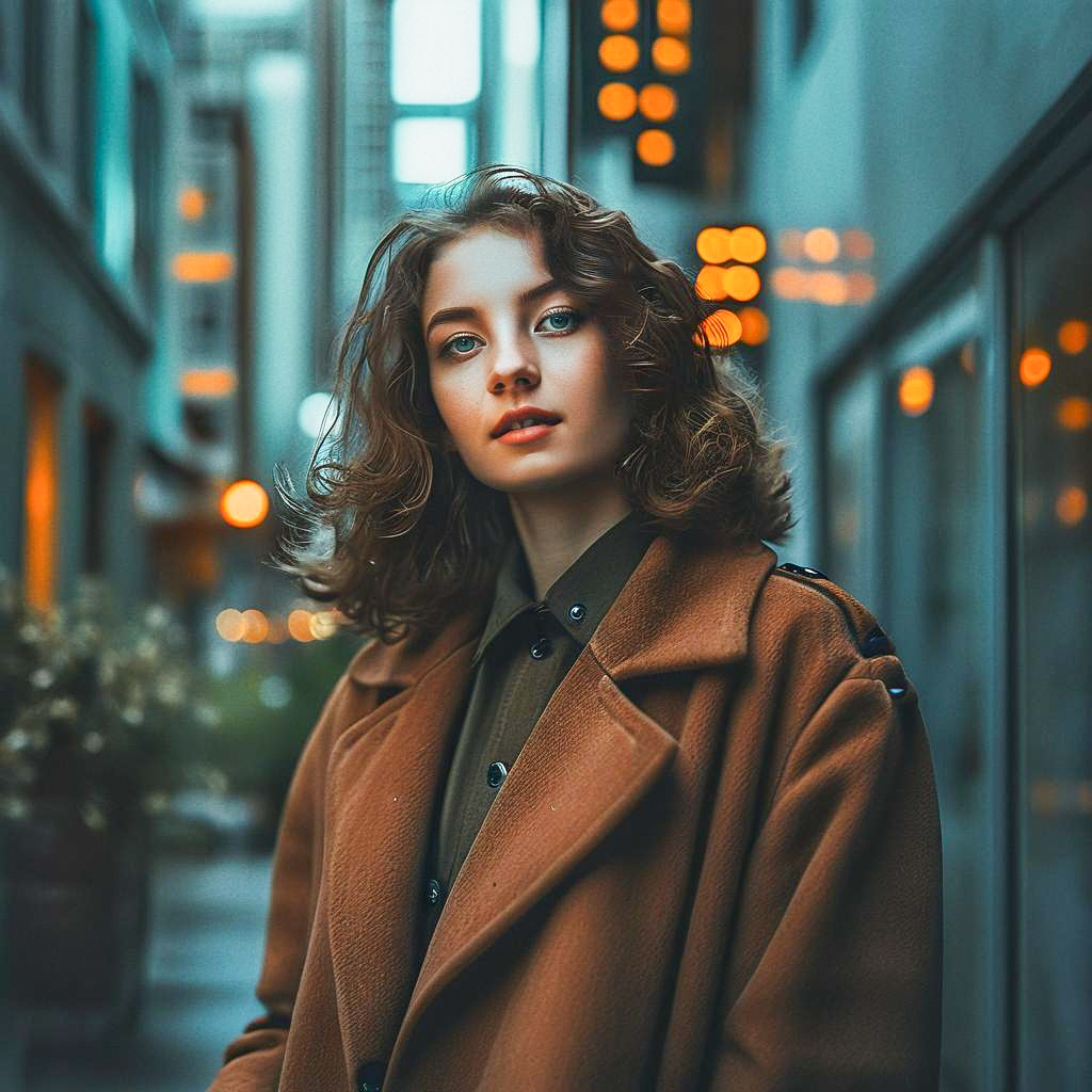 Confident Woman in Urban Setting with Warm Lights