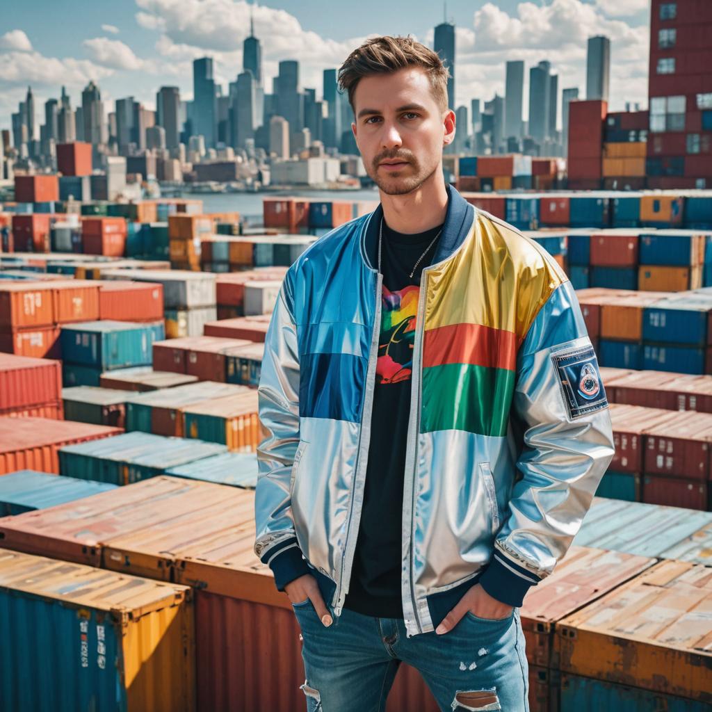 Stylish Man with Shipping Container Mosaic and City Skyline