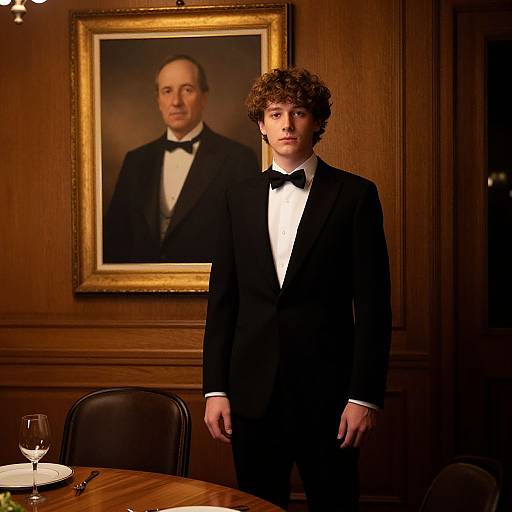 Young Man in Black Tuxedo Standing in Formal Wood-paneled Dining Room with Classic Portrait