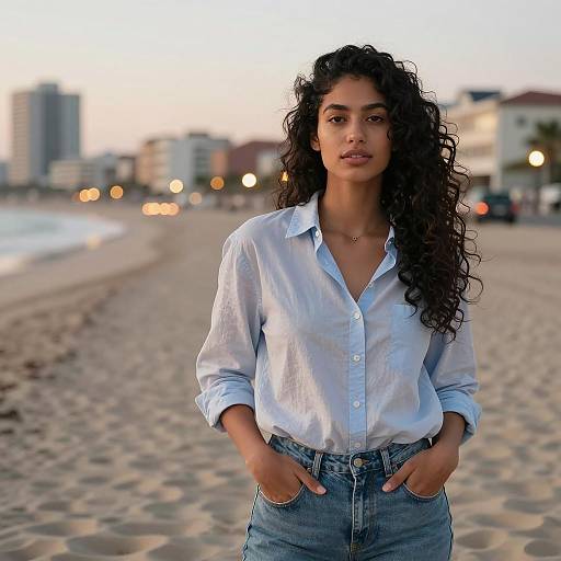 Young Woman with Curly Hair on Urban Beach at Sunset in Casual Outfit