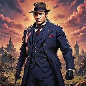 Man in Vintage Suit on Battlefield at Sunset