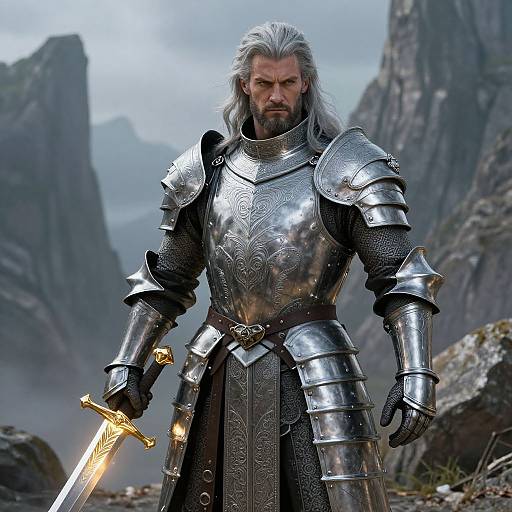 Medieval Fantasy Knight in Ornate Silver Armor with Glowing Sword