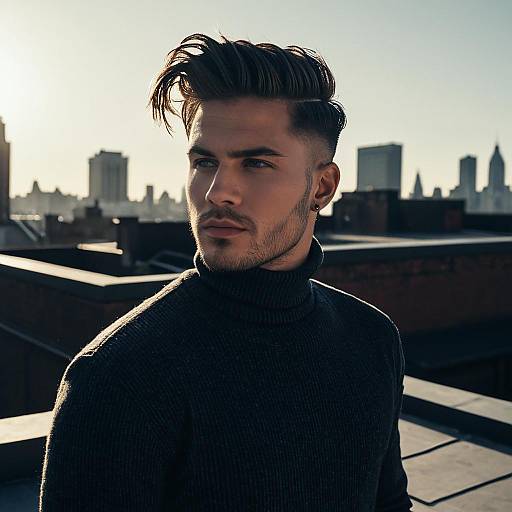Stylish Young Man with Modern Hairstyle on Urban Rooftop at Golden Hour