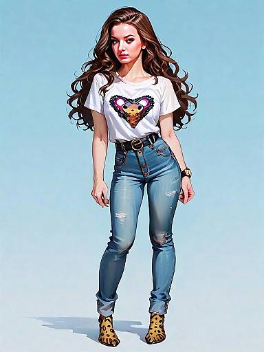 Stylish Woman in Casual Graphic Tee and Ripped Jeans Digital Illustration