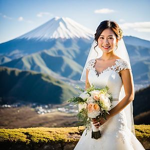 Bride in Lace Dress with Bouquet and Mountain View