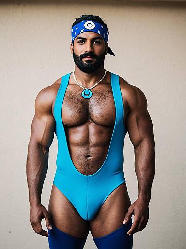Muscular Man in Blue Wrestling Singlet with Headband and Necklace
