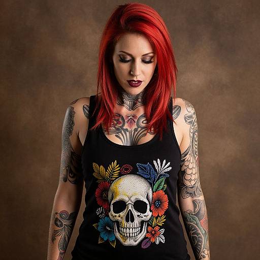 Tattooed Woman with Red Hair and Skull Floral Tank Top