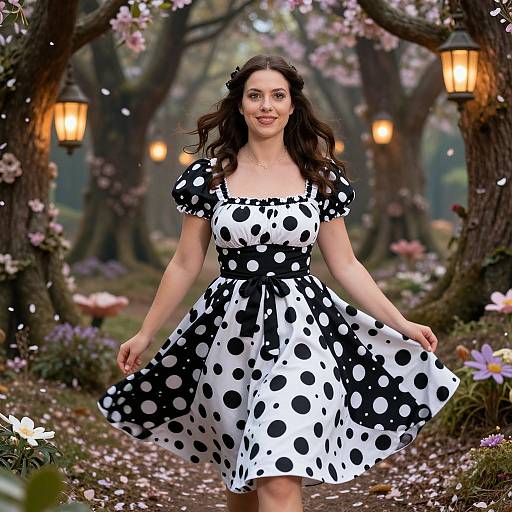 Woman in Vintage Polka Dot Dress Walking in Magical Garden