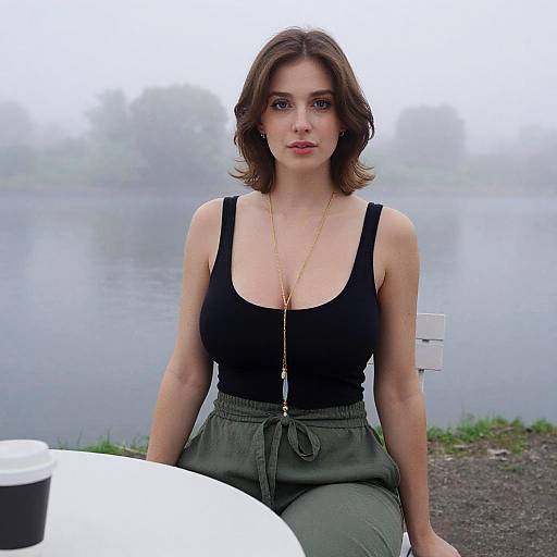 Slim Woman in Casual Chic Black Top and Olive Green Trousers by Misty Lake