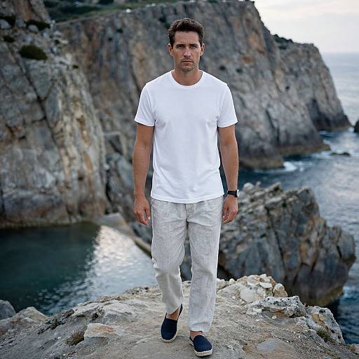 Man on Rocky Cliff by the Sea in Casual White T-Shirt