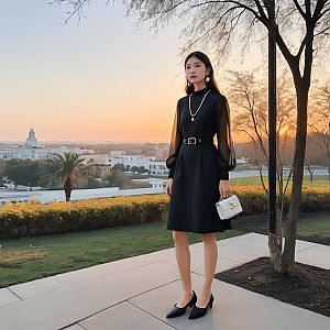 Elegant Woman in Black Dress at Sunset