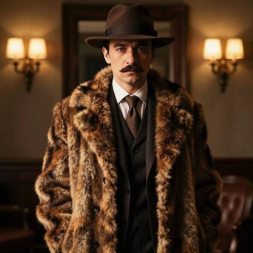 Vintage 1920s Man in Fur Coat and Fedora Hat with Mustache
