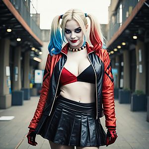 Harley Quinn Cosplay Woman in Urban Alley with Red and Blue Hair