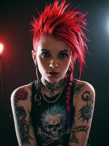 Punk Rock Woman with Red Spiked Hair and Tattoos Portrait