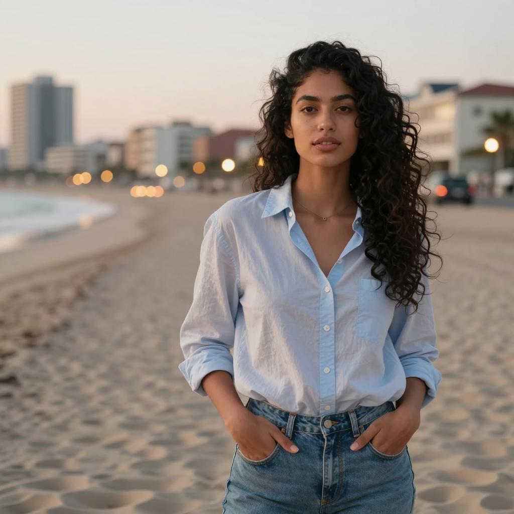 Young Woman with Curly Hair on Urban Beach at Sunset in Casual Outfit