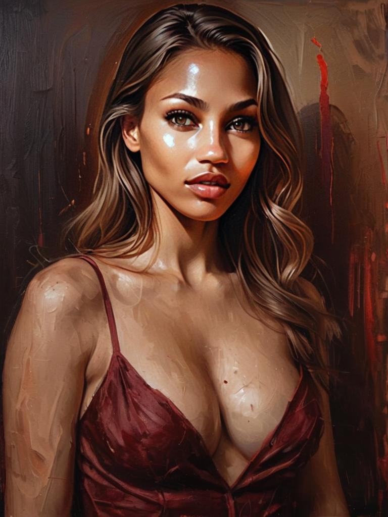 Digital Portrait of Woman in Deep Red Dress with Wavy Hair