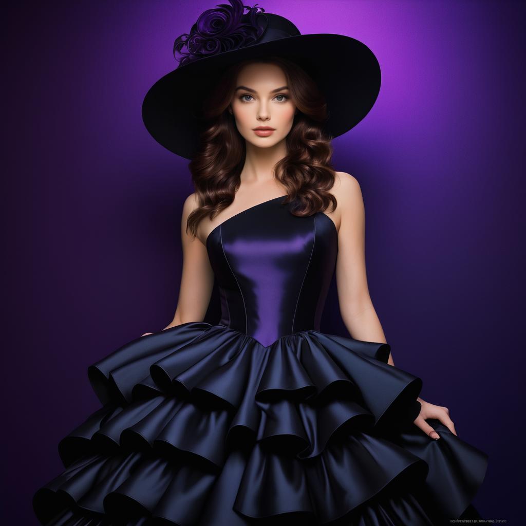 Elegant Woman in Black and Purple Dress with Stylish Hat