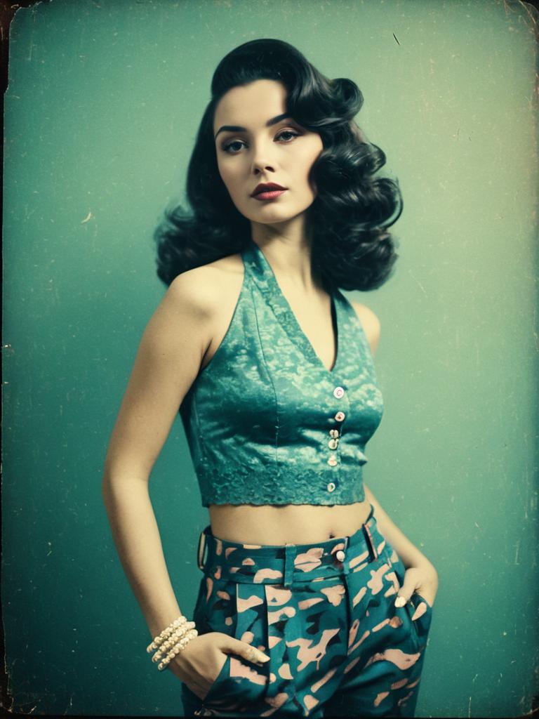 Woman in Pale Pink Cropped Halter Neck Top with High-Waisted Camouflage Trousers