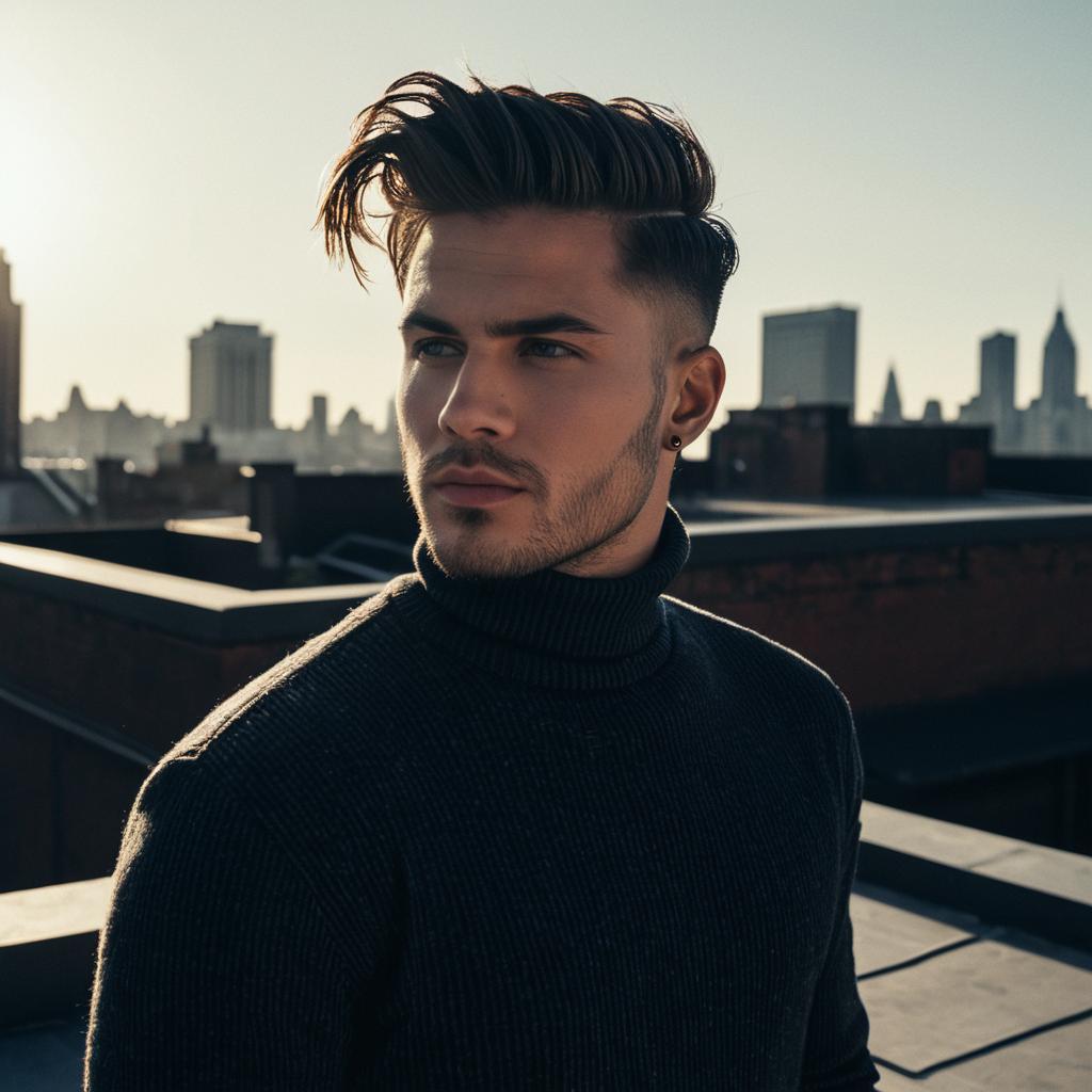 Stylish Young Man with Modern Hairstyle on Urban Rooftop at Golden Hour