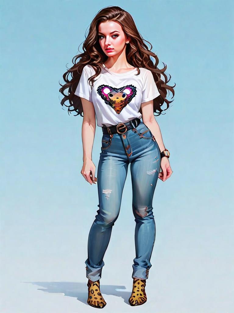 Stylish Woman in Casual Graphic Tee and Ripped Jeans Digital Illustration