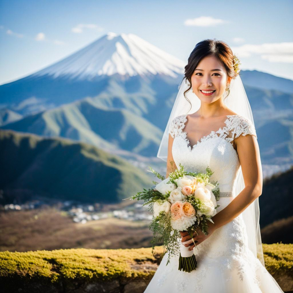 Bride in Lace Dress with Bouquet and Mountain View Bride in Lace Dress with Bouquet and Mountain View