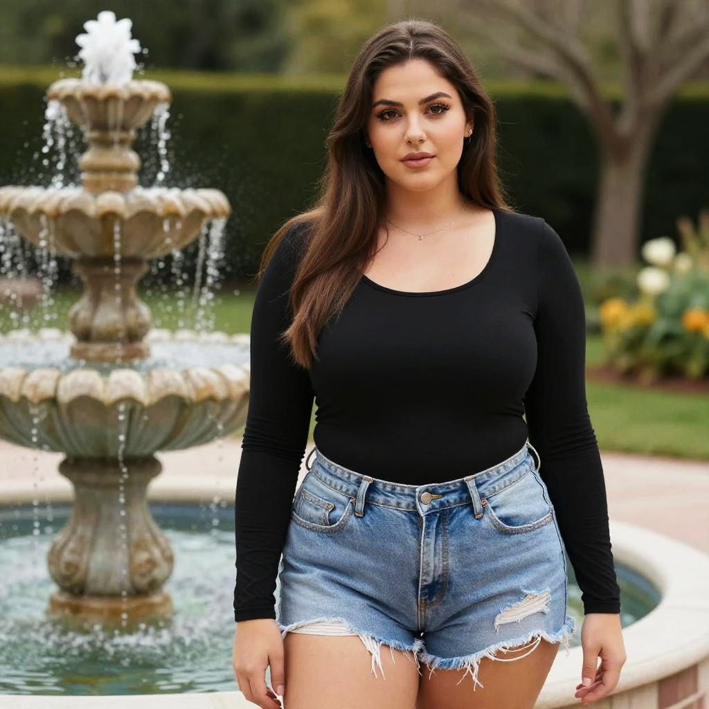 Woman in Casual Black Long Sleeve Top and Light Wash Denim Shorts by Fountain