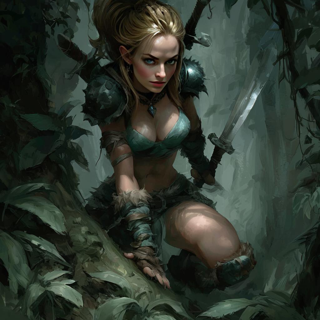Fierce Warrior Woman Crouching with Sword in Fantasy Forest