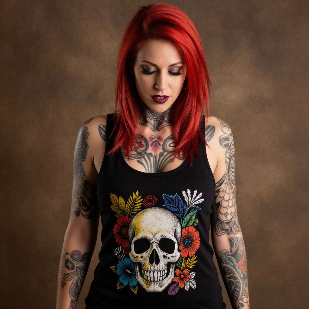 Tattooed Woman with Red Hair and Skull Floral Tank Top