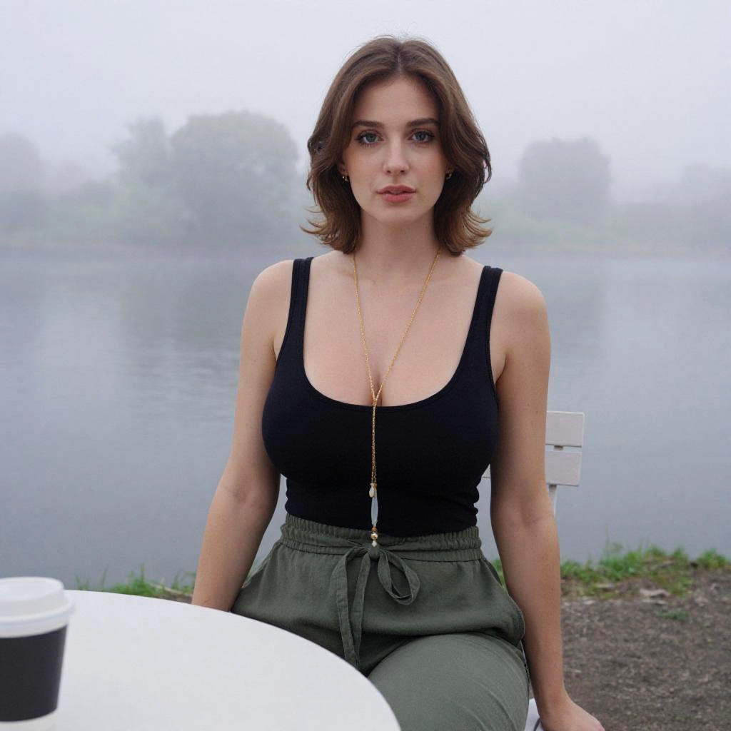 Slim Woman in Casual Chic Black Top and Olive Green Trousers by Misty Lake