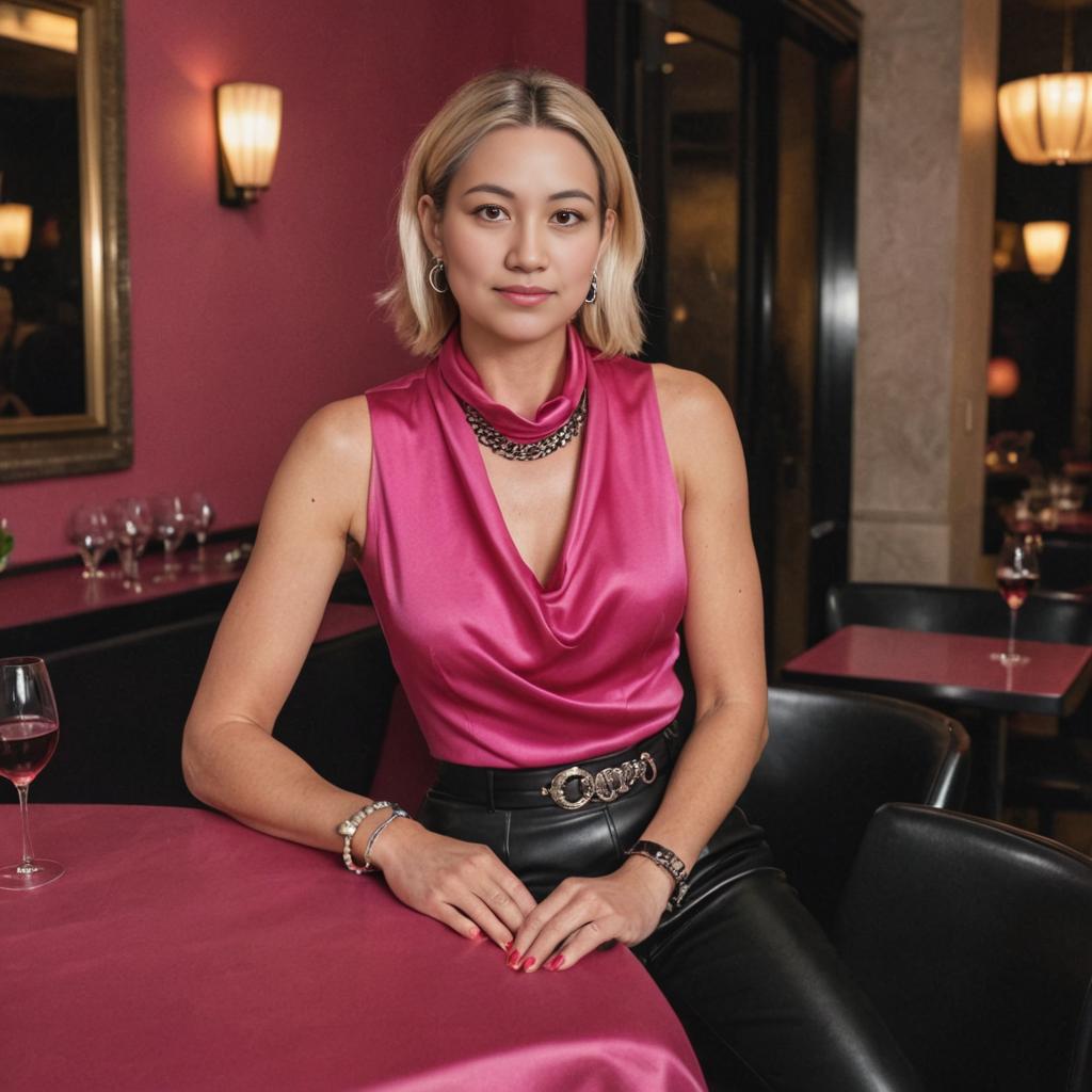 Elegant Woman in Chic Pink Blouse with Statement Necklace