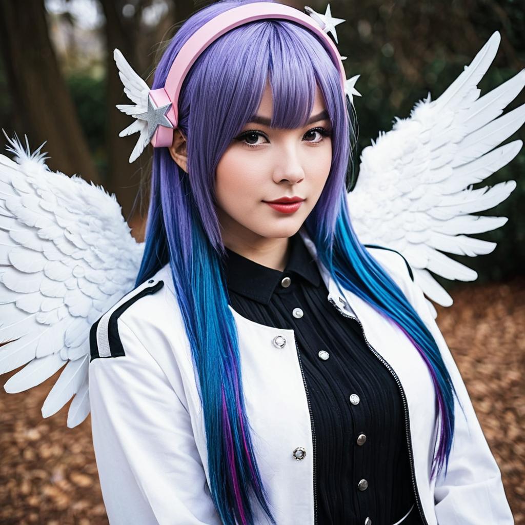 Amane Kanata Cosplay Woman with Angel Wings and Vibrant Hair Outdoors