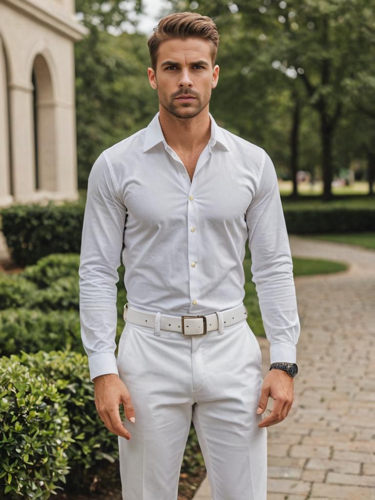 Stylish man in smart casual outfit with white shirt and trousers