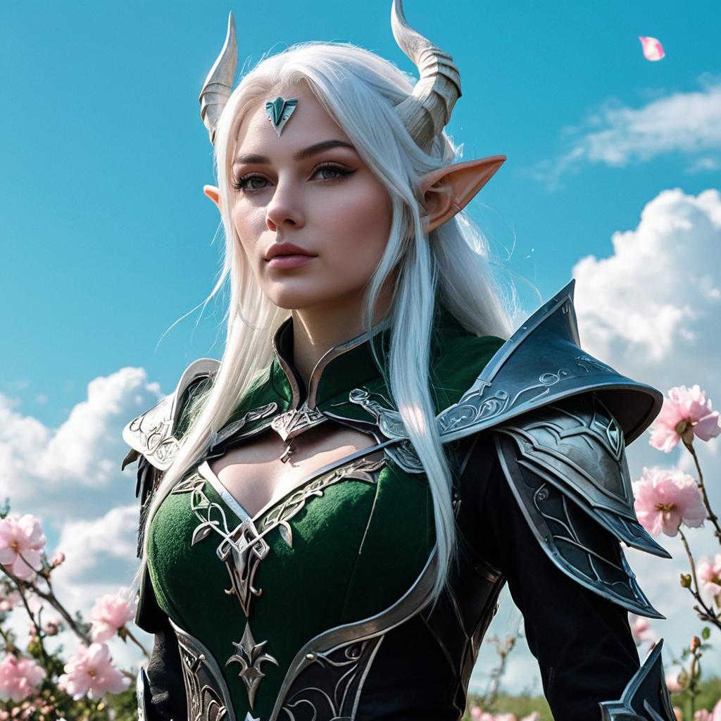 Fantasy Elf Woman in Ornate Armor Cosplay with Horns and White Hair