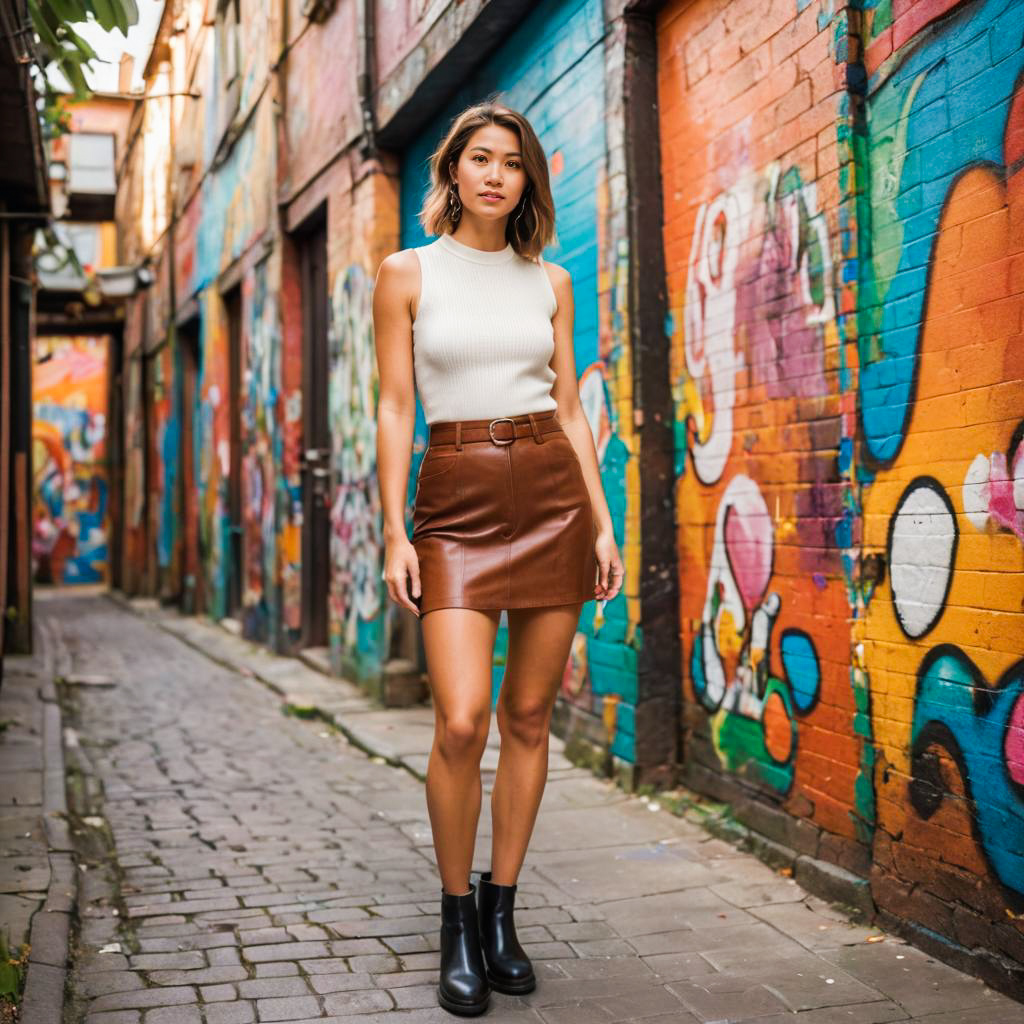 Stylish Woman in Colorful Graffiti Alley