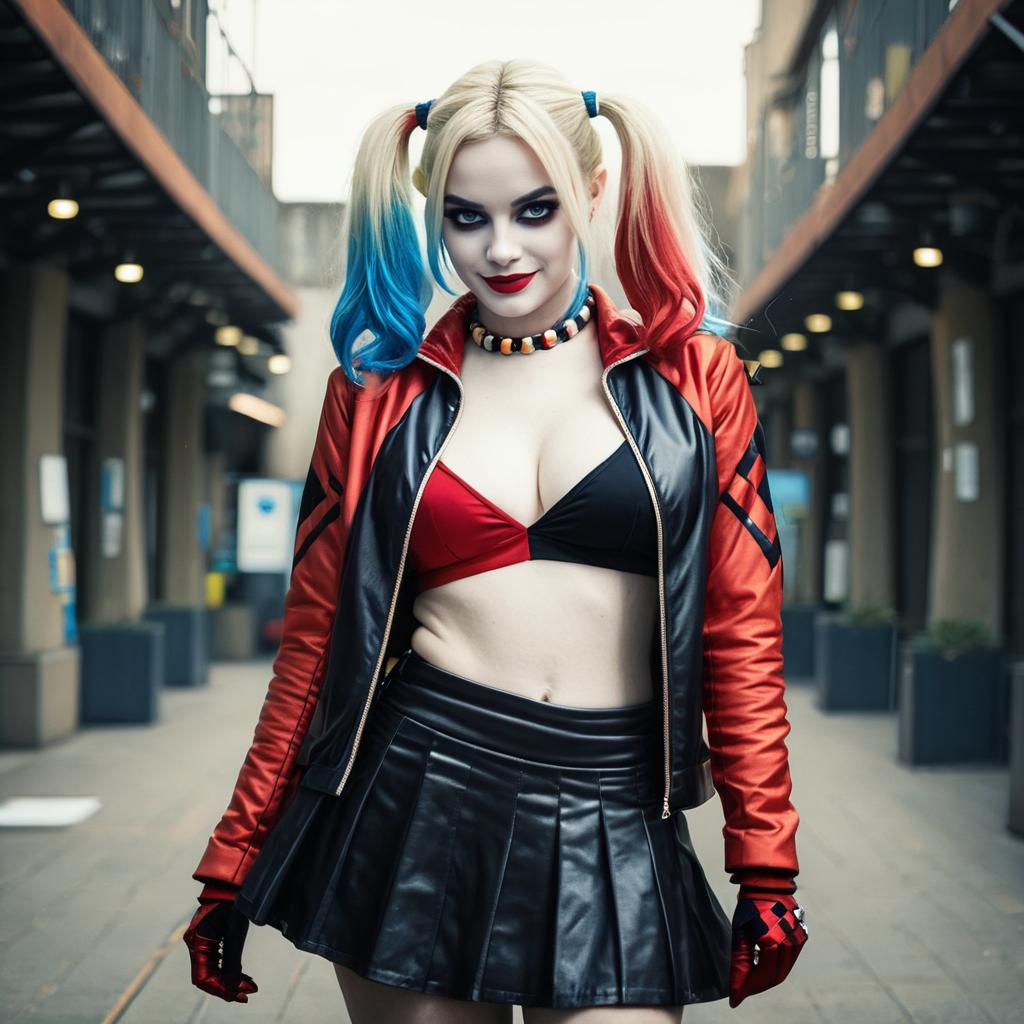 Harley Quinn Cosplay Woman in Urban Alley with Red and Blue Hair