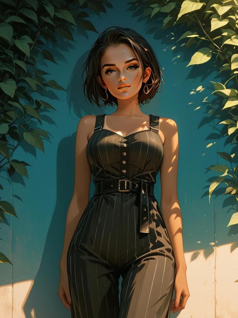 Stylized Digital Illustration of Woman in Pinstriped Jumpsuit Standing by Leafy Wall