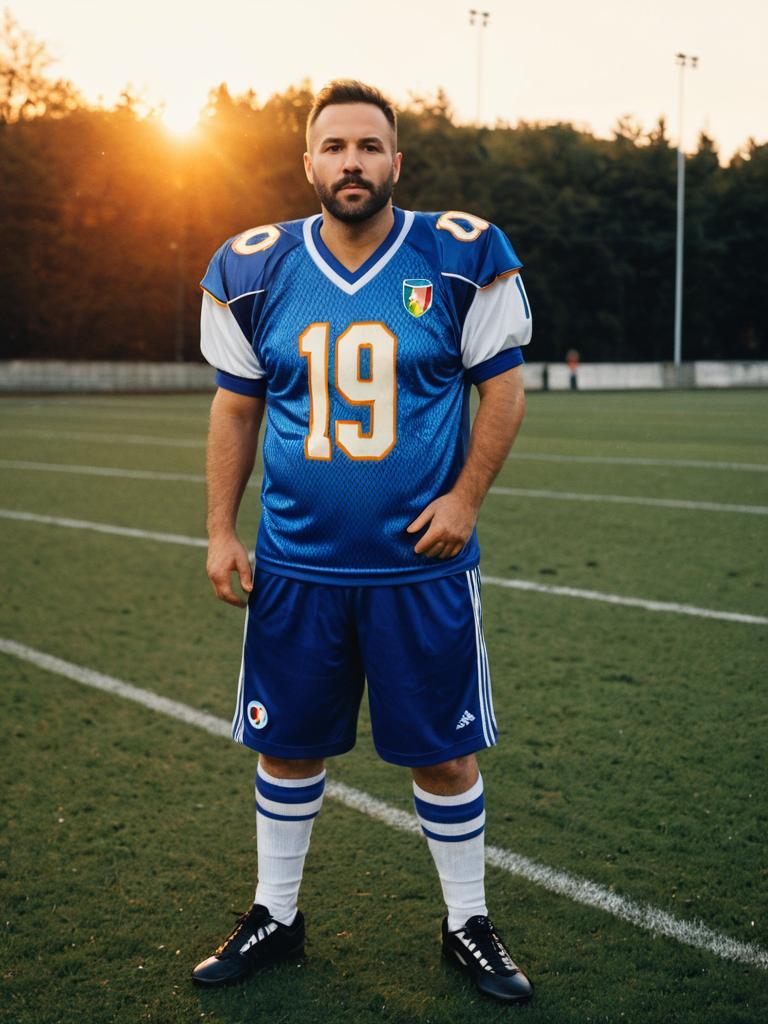 Man in Blue Football Jersey Number 19 on Field at Sunset
