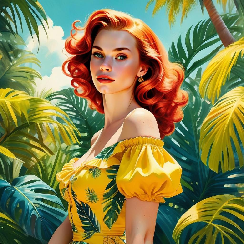 Red-haired Woman in Yellow Dress with Tropical Leaves