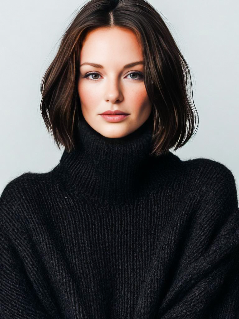 Confident Woman in Black Turtleneck