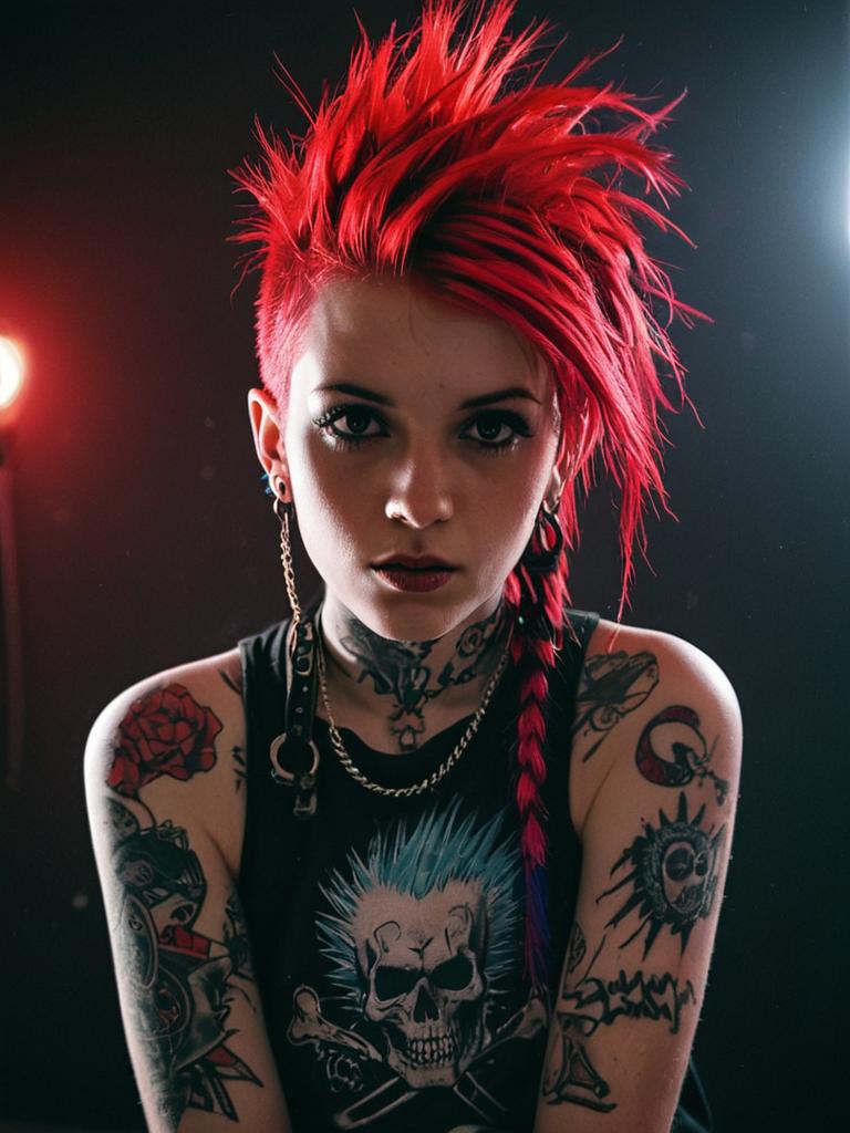 Punk Rock Woman with Red Spiked Hair and Tattoos Portrait