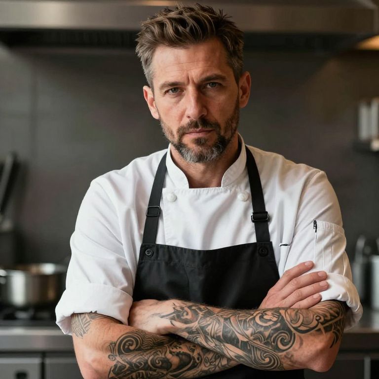Tattooed Male Chef in Modern Kitchen With Arms Crossed
