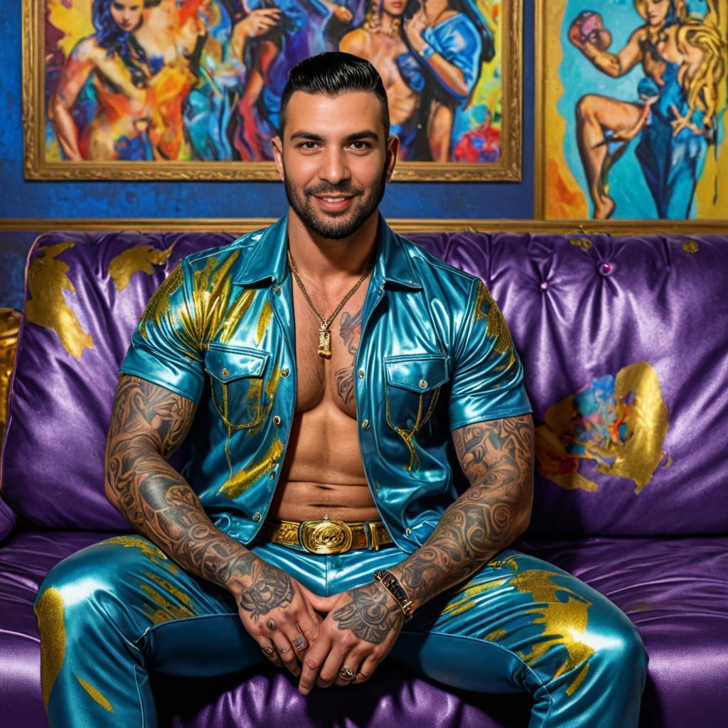 Stylish Man in Blue and Gold Outfit with Tattoos