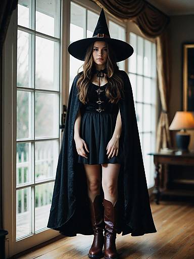 Sophisticated Woman in Black Witch Costume with Classic Hat and Cape