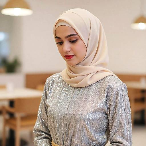 Elegant Woman in Beige Hijab and Silver Sequin Dress Indoors