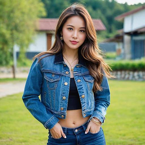 Young Woman Wearing Denim Jacket and Jeans Outdoor Portrait