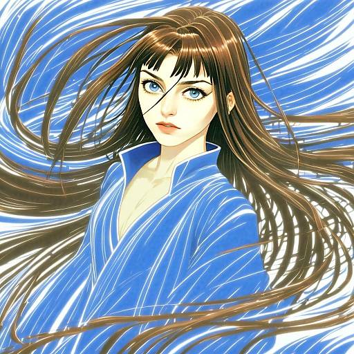 Mouri Ran Anime Portrait in Dynamic Flowing Hair and Blue Robe