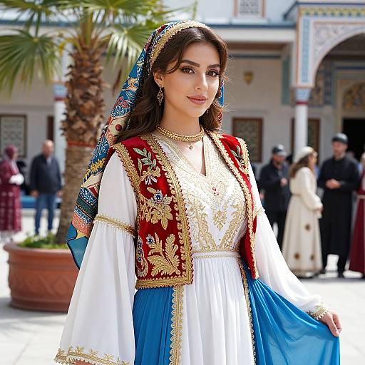 Elegant Woman in Traditional Balkan Folk Costume in Cultural Setting