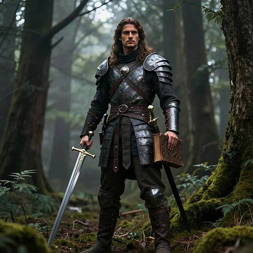 Medieval Knight in Armor Holding Sword and Ancient Book in Forest
