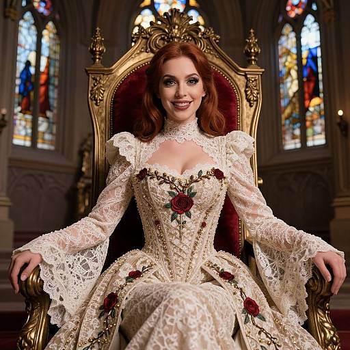 Victorian Woman in Embroidered Lace Dress Sitting on Throne in Cathedral